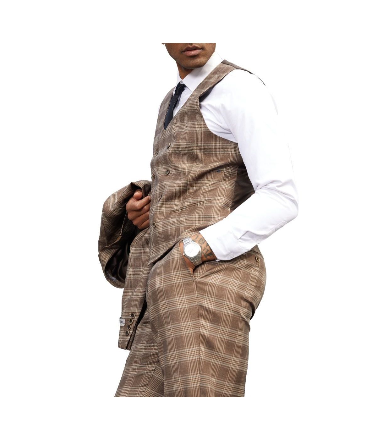  Mens Three Piece Glen Plaid Peak Lapel Suit With Matching Double Breasted Vest Biege - Biege - Bonton