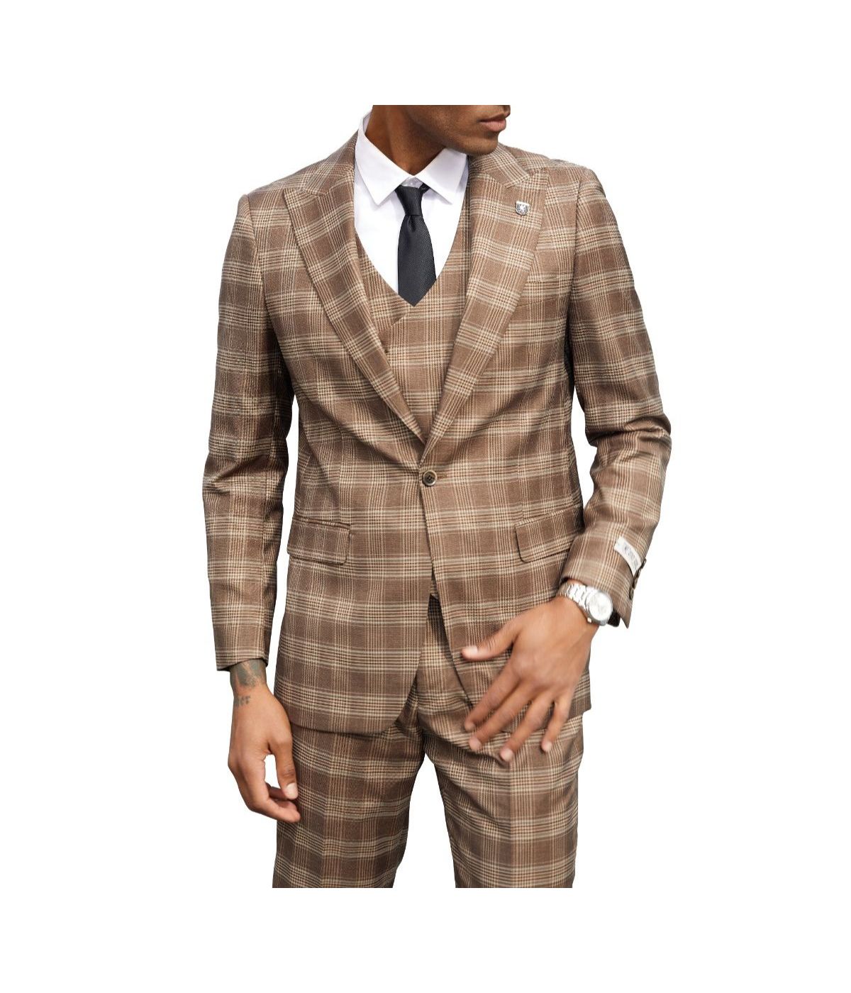  Mens Three Piece Glen Plaid Peak Lapel Suit With Matching Double Breasted Vest Biege - Biege - Bonton