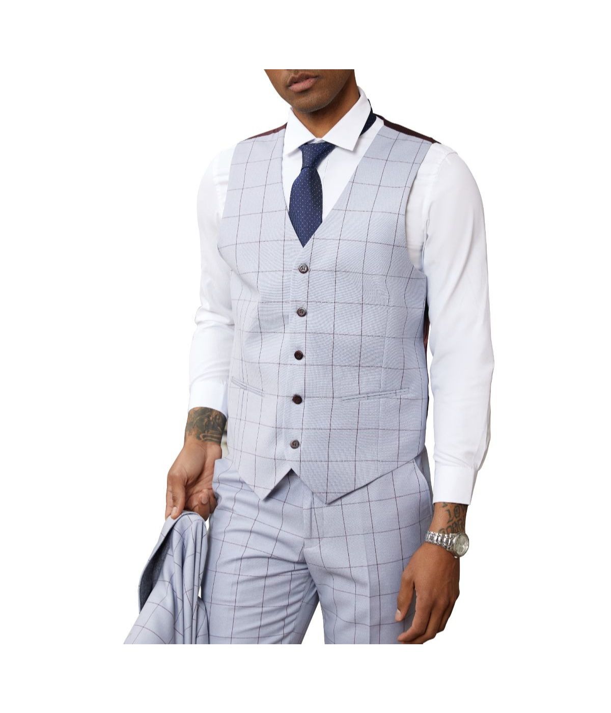  Mens Three Piece Windowpane Notch Lapel With Matching Vest Light Grey - Light Grey - Bonton