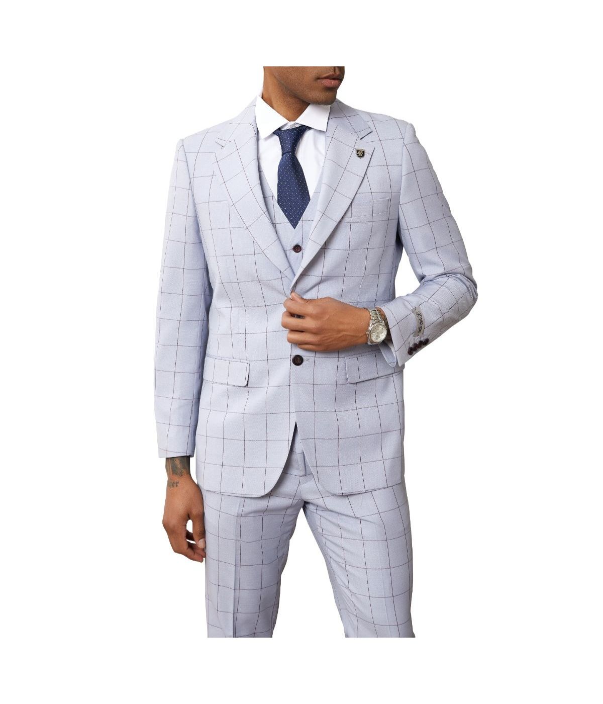  Mens Three Piece Windowpane Notch Lapel With Matching Vest Light Grey - Light Grey - Bonton