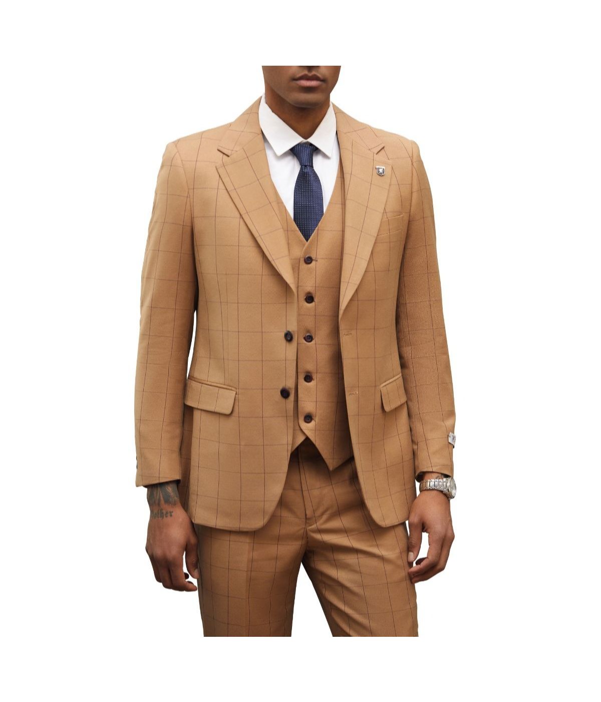  Mens Three Piece Windowpane Notch Lapel With Matching Vest Rust - Rust - Bonton