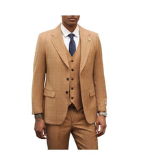 Mens Three Piece Windowpane Notch Lapel With Matching Vest Rust