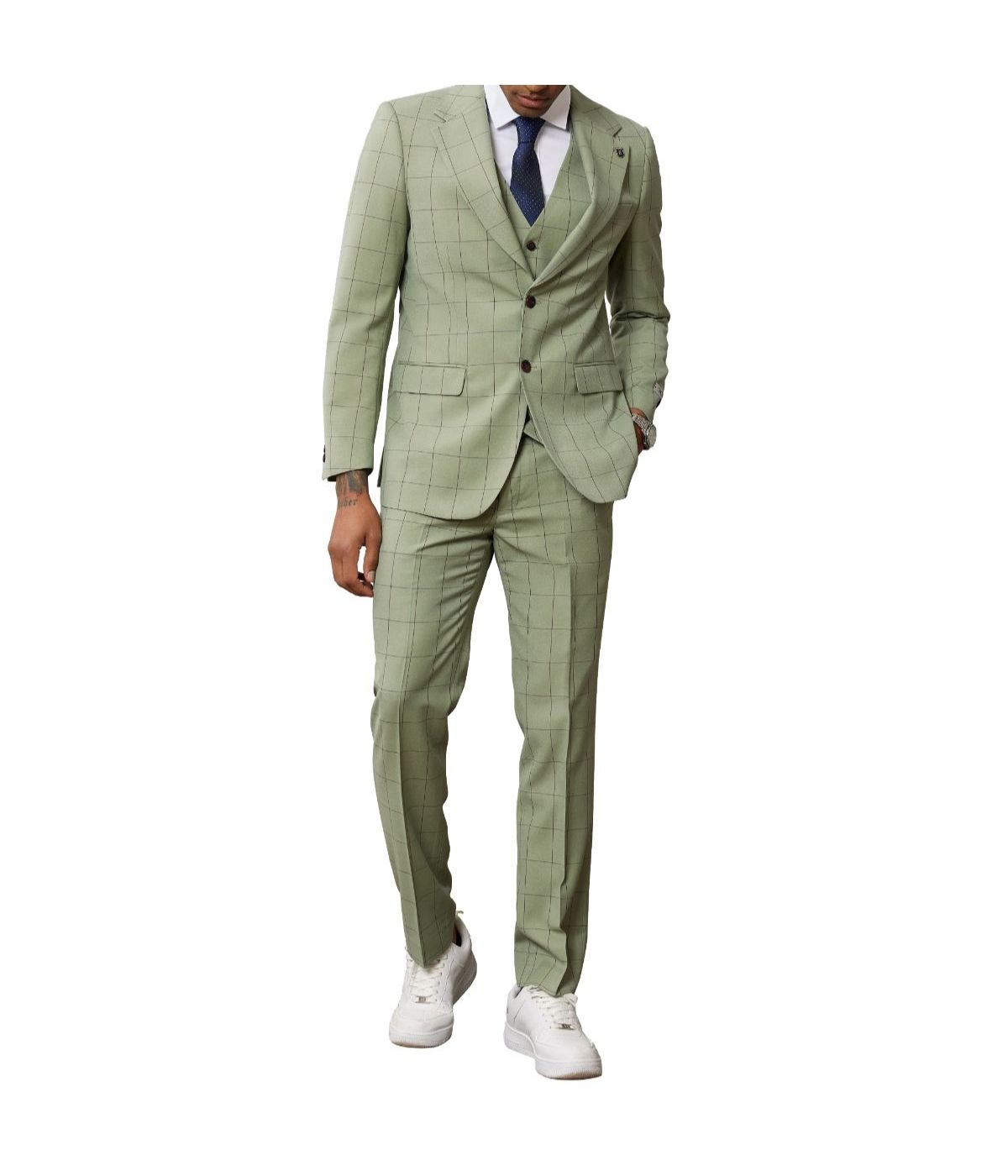  Mens Three Piece Windowpane Notch Lapel With Matching Vest Light Green - Light Green - Bonton