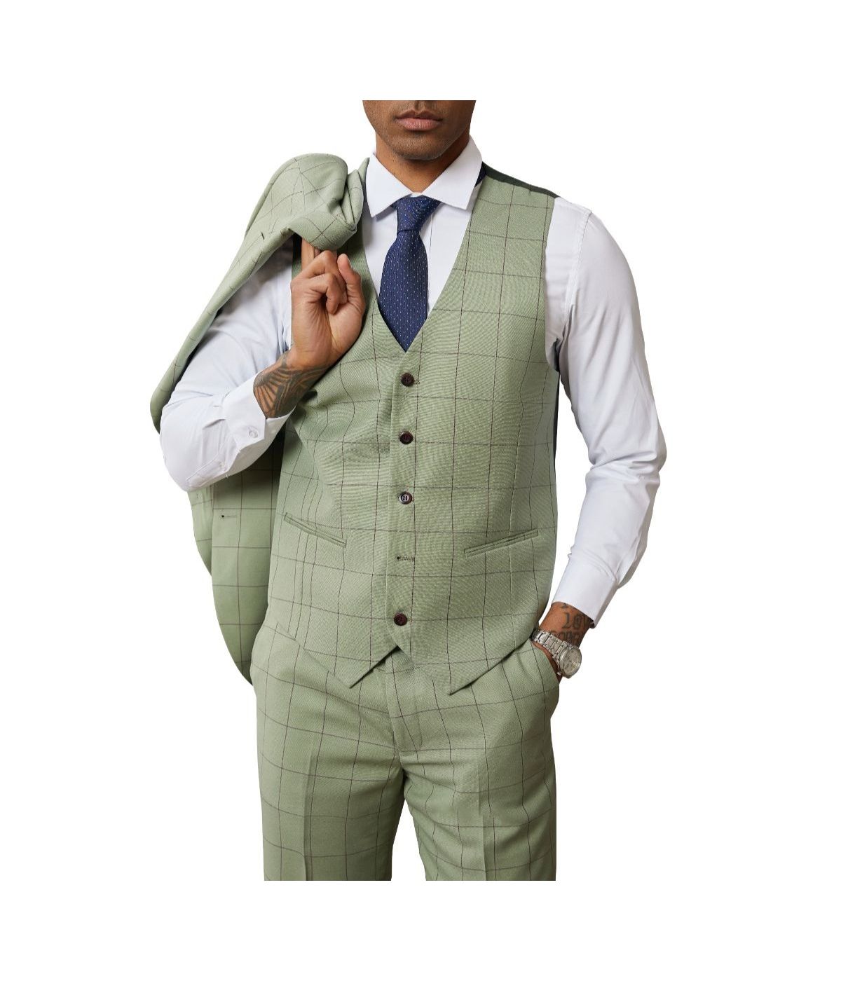  Mens Three Piece Windowpane Notch Lapel With Matching Vest Light Green - Light Green - Bonton