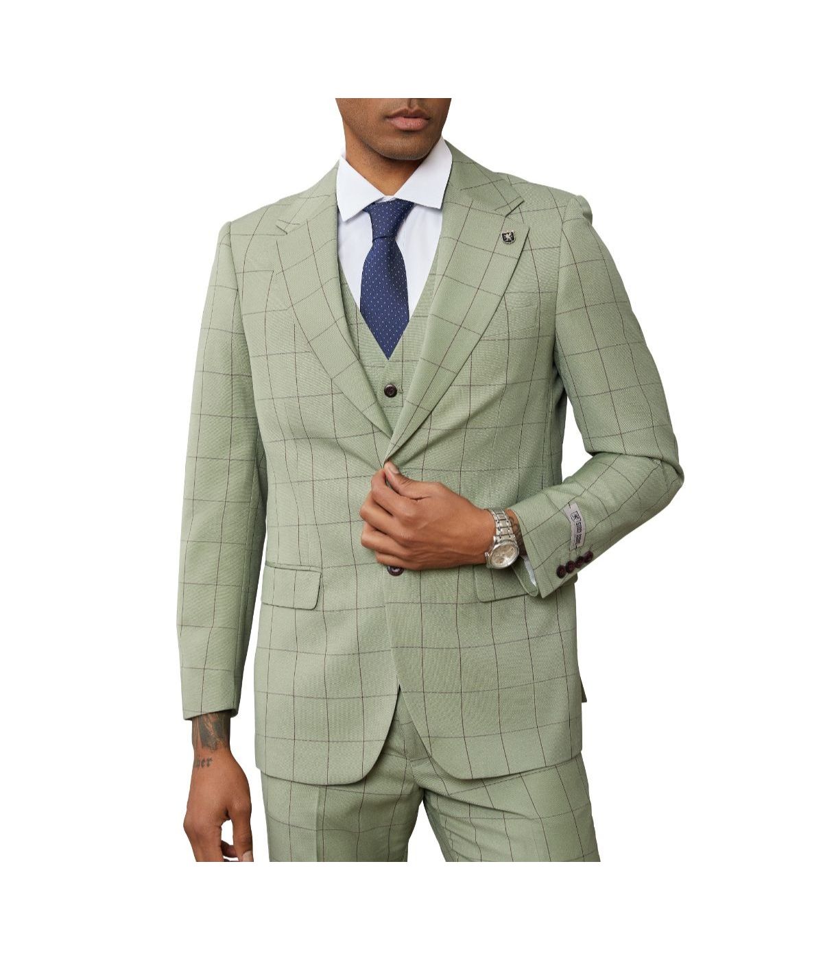  Mens Three Piece Windowpane Notch Lapel With Matching Vest Light Green - Light Green - Bonton