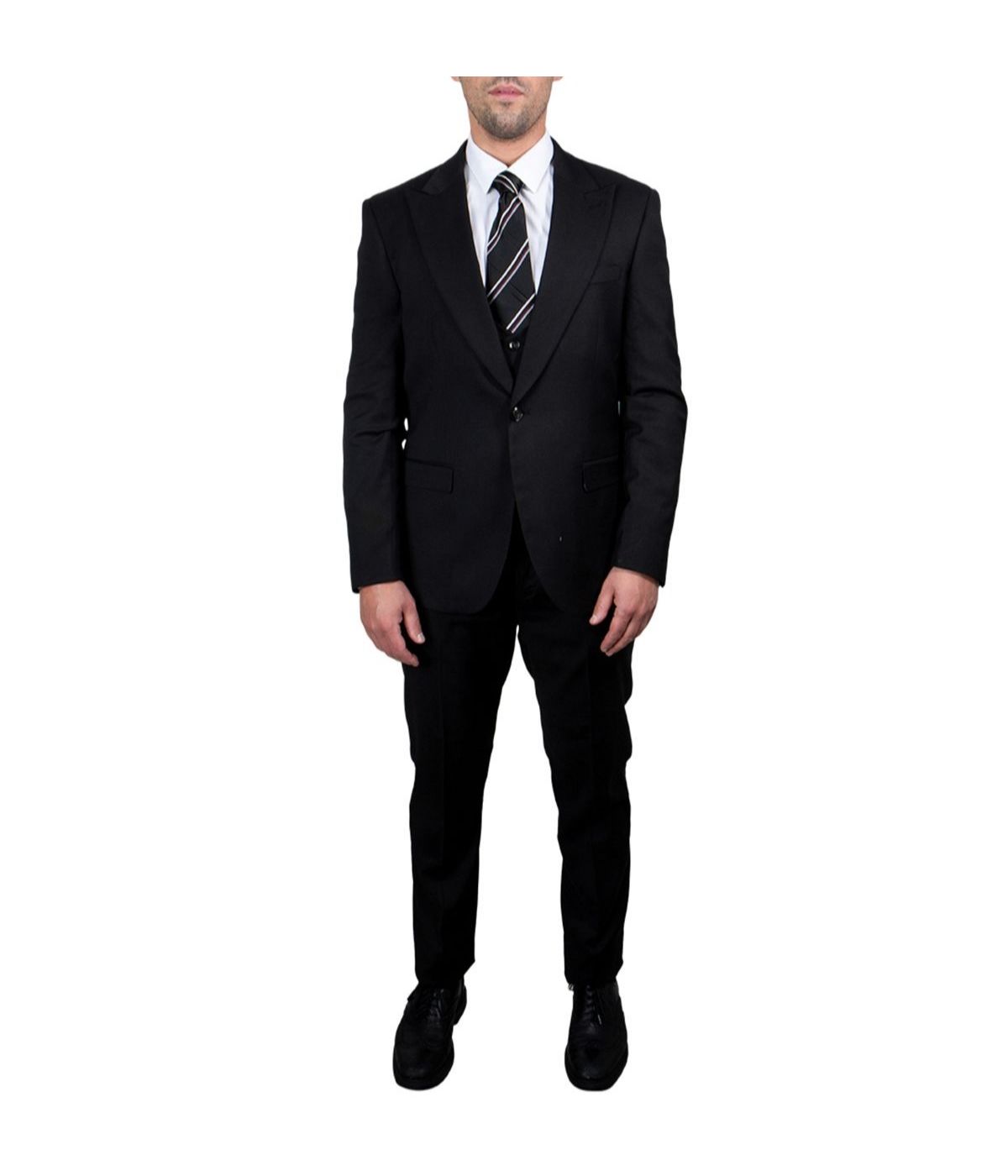  Mens Three Piece Solid Peak Lapel Suit With Matching Vest Black - Black - Bonton