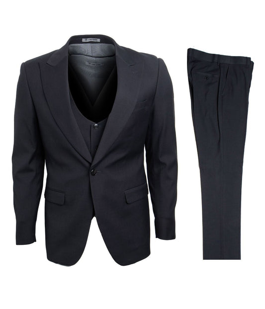 Mens Three Piece Solid Peak Lapel Suit With Matching Vest Dark Grey