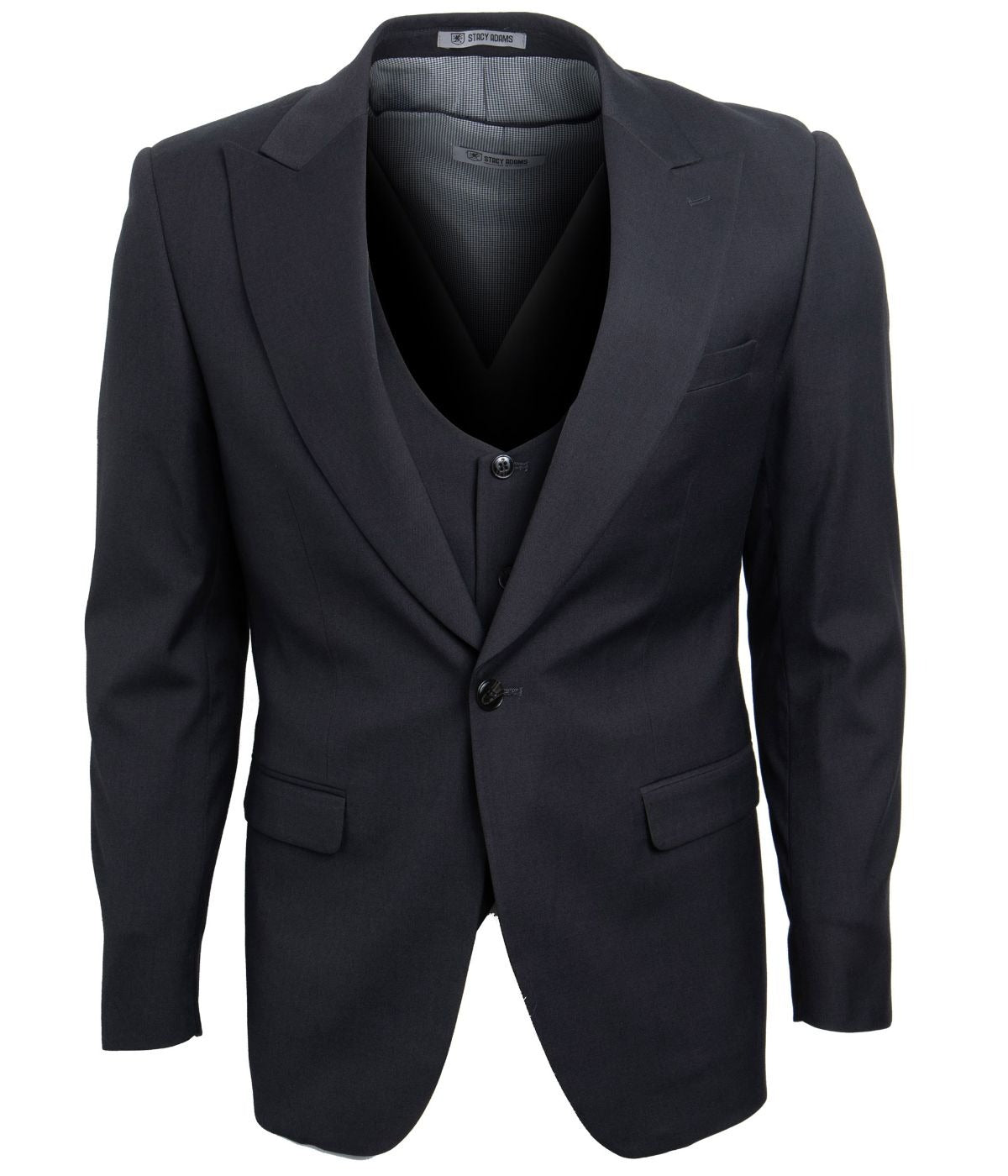  Mens Three Piece Solid Peak Lapel Suit With Matching Vest Dark Grey - Dark Grey - Bonton