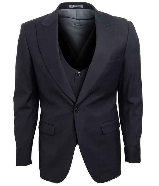 Mens Three Piece Solid Peak Lapel Suit With Matching Vest Dark Grey