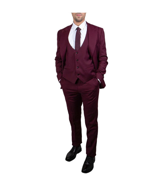 Mens Three Piece Solid Peak Lapel Suit With Matching Vest Burgundy