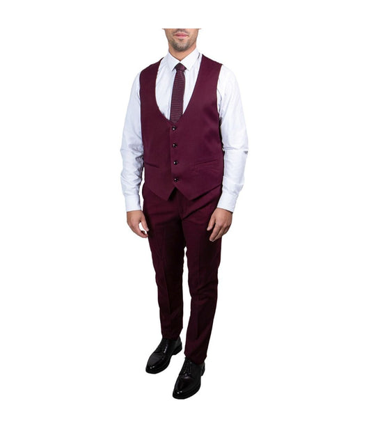 Mens Three Piece Solid Peak Lapel Suit With Matching Vest Burgundy