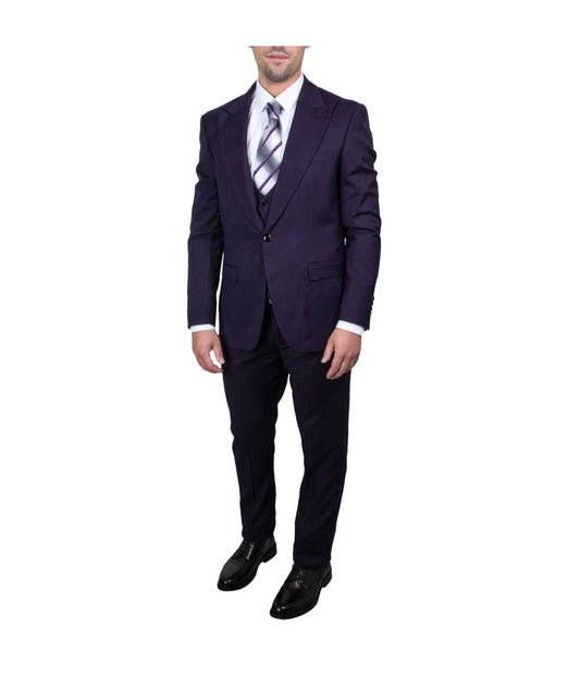Mens Three Piece Solid Peak Lapel Suit With Matching Vest Eggplant