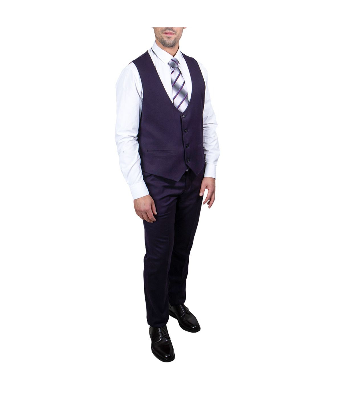  Mens Three Piece Solid Peak Lapel Suit With Matching Vest Eggplant - Eggplant - Bonton