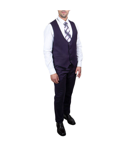 Mens Three Piece Solid Peak Lapel Suit With Matching Vest Eggplant