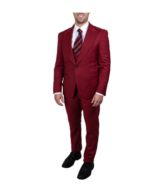 Mens Three Piece Solid Peak Lapel Suit With Matching Vest Cherry Red