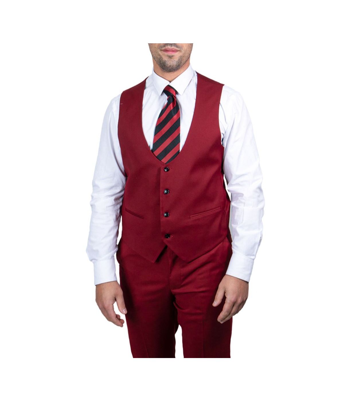  Mens Three Piece Solid Peak Lapel Suit With Matching Vest Cherry Red - Cherry Red - Bonton