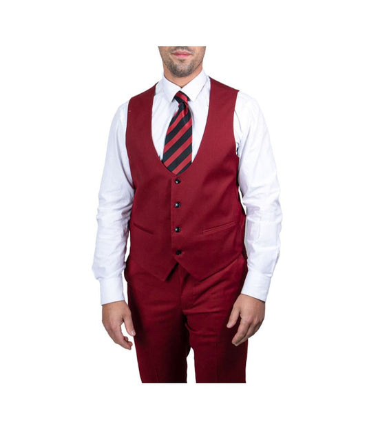 Mens Three Piece Solid Peak Lapel Suit With Matching Vest Cherry Red