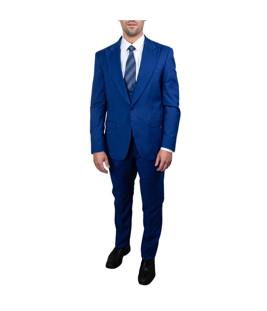 Mens Three Piece Solid Peak Lapel Suit With Matching Vest Indigo