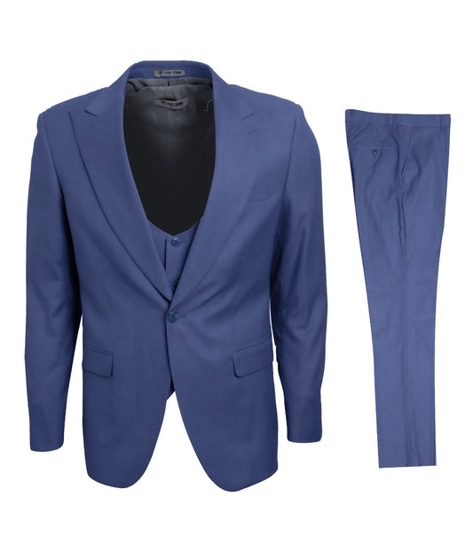 Mens Three Piece Solid Peak Lapel Suit With Matching Vest Navy Blue
