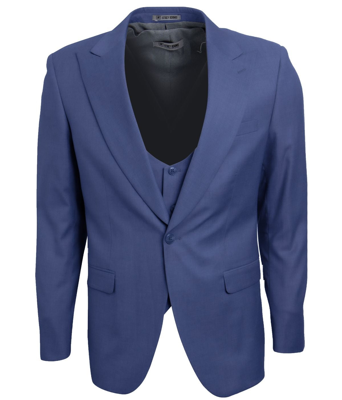  Mens Three Piece Solid Peak Lapel Suit With Matching Vest Navy Blue - Navy Blue - Bonton