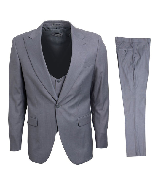 Mens Three Piece Solid Peak Lapel Suit With Matching Vest Light Grey