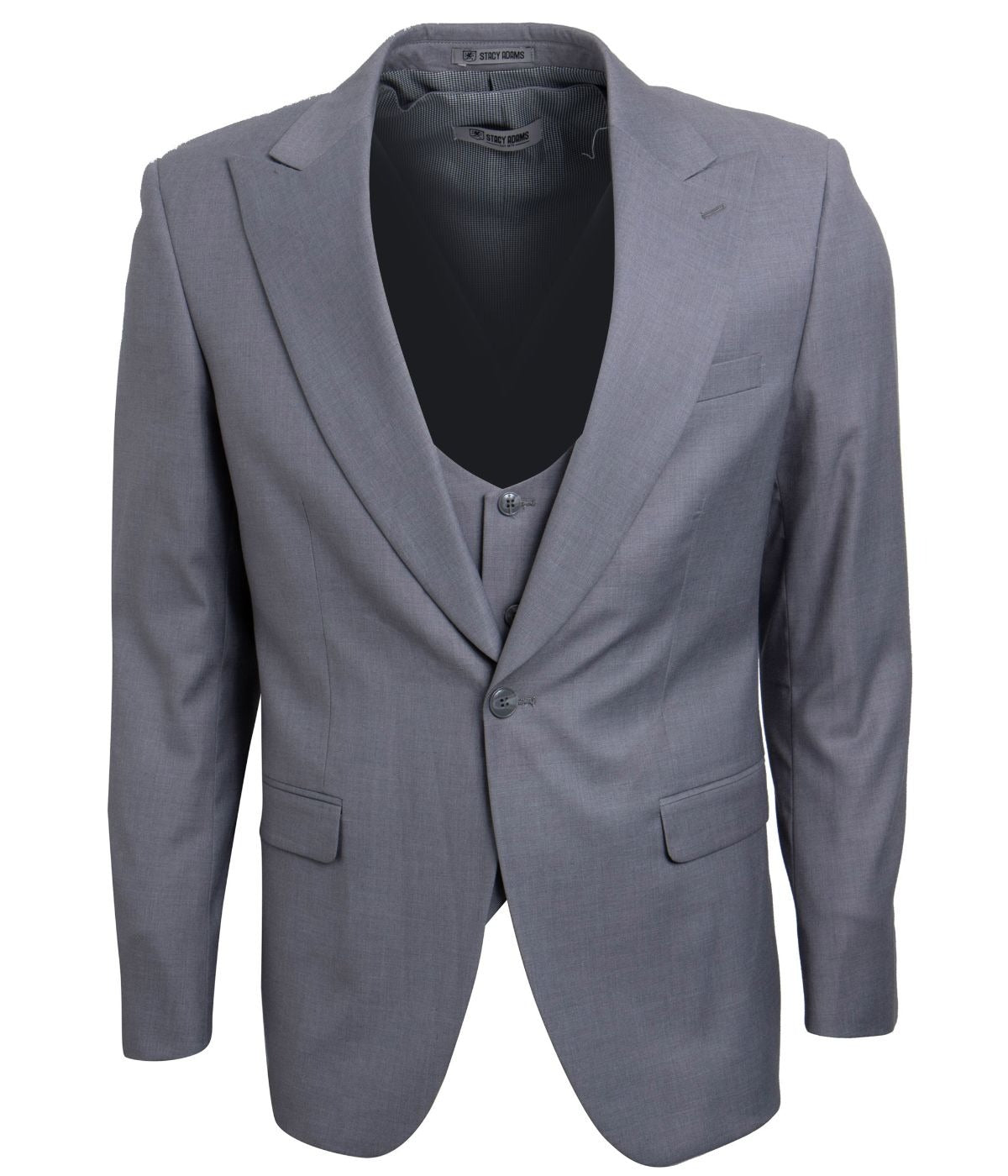  Mens Three Piece Solid Peak Lapel Suit With Matching Vest Light Grey - Light Grey - Bonton