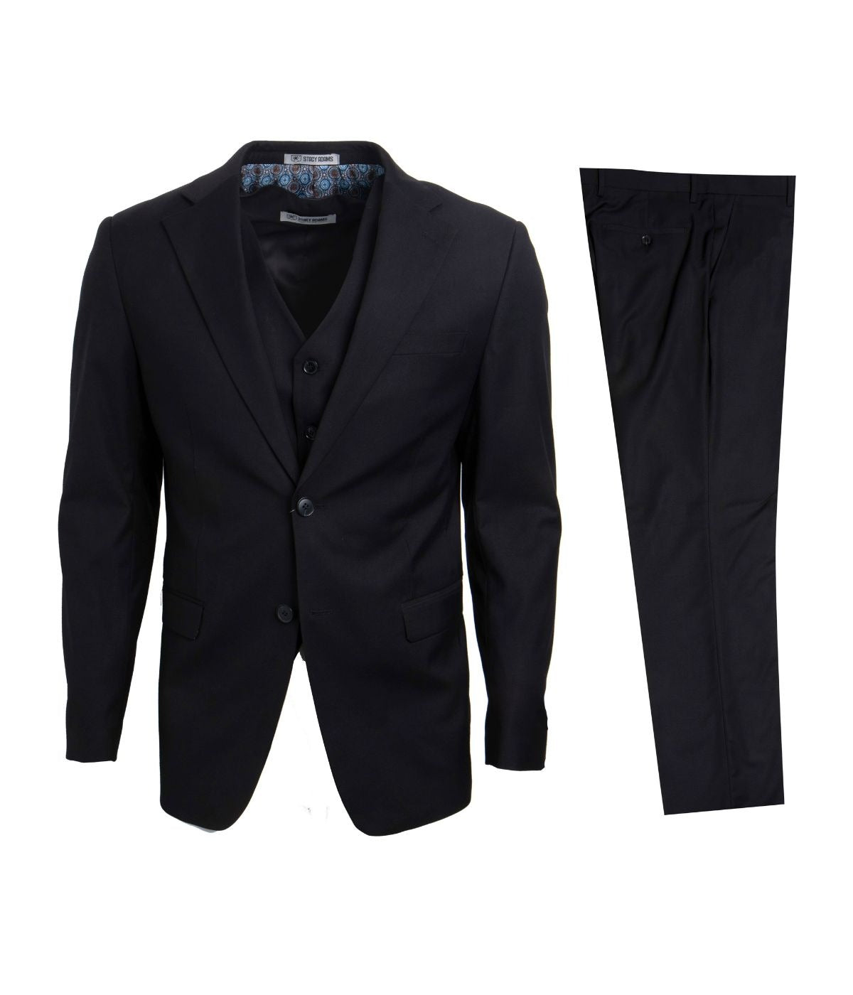  Mens Three Piece Solid Notch Lapel Suit With Matching Vest Black - Black - Bonton