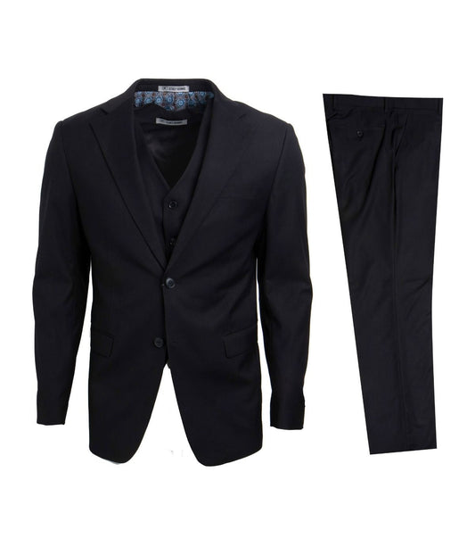 Mens Three Piece Solid Notch Lapel Suit With Matching Vest Black