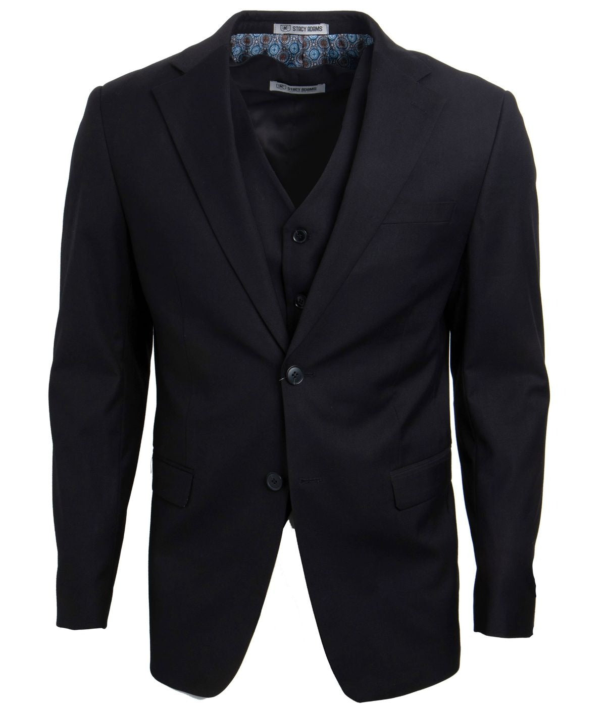  Mens Three Piece Solid Notch Lapel Suit With Matching Vest Black - Black - Bonton