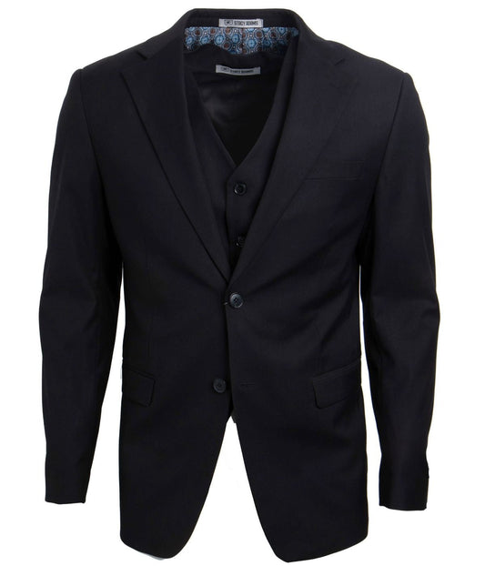 Mens Three Piece Solid Notch Lapel Suit With Matching Vest Black