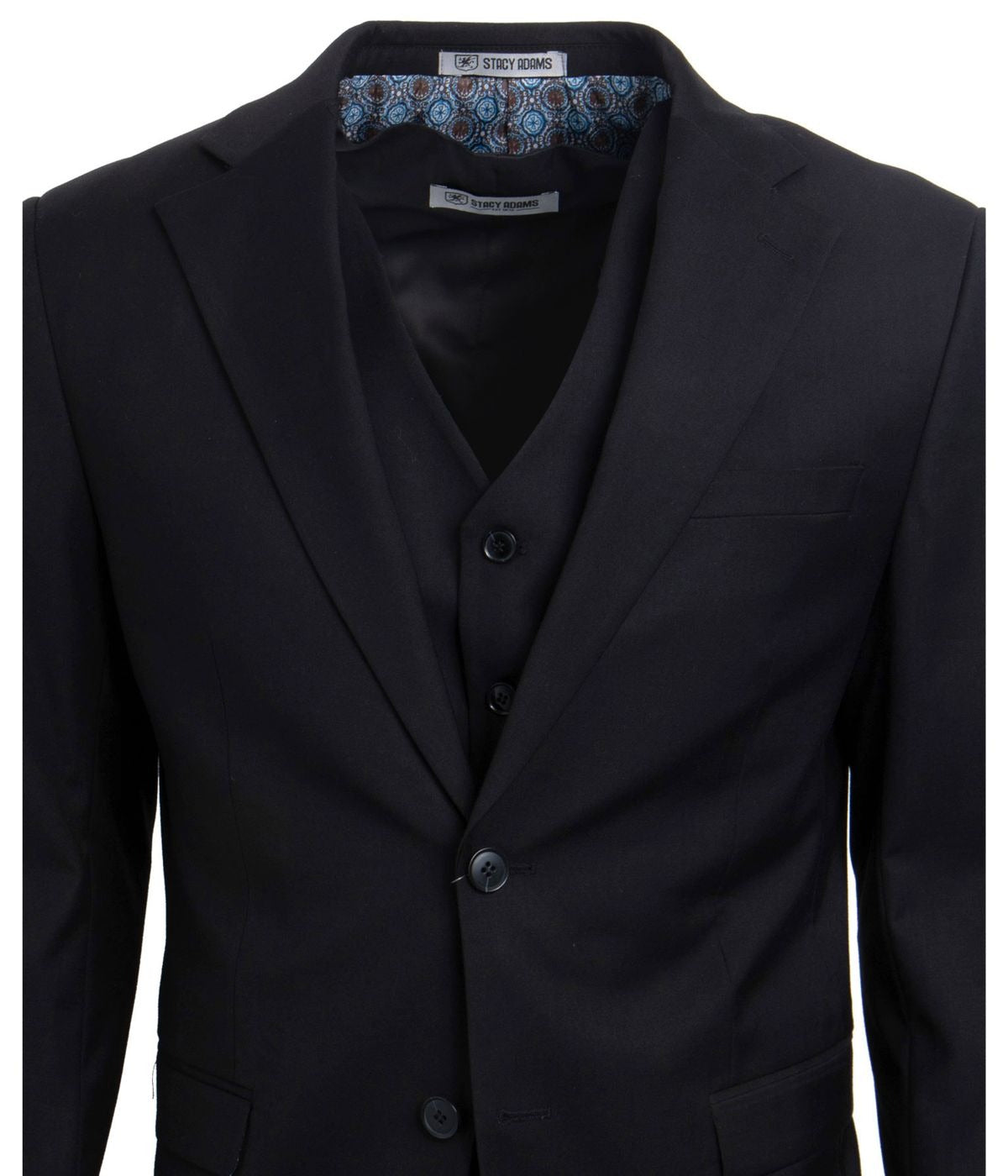  Mens Three Piece Solid Notch Lapel Suit With Matching Vest Black - Black - Bonton