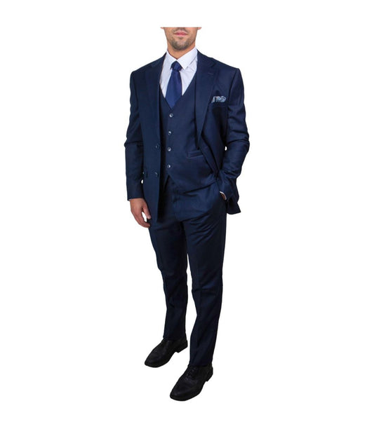 Mens Three Piece Solid Notch Lapel Suit With Matching Vest Navy Blue