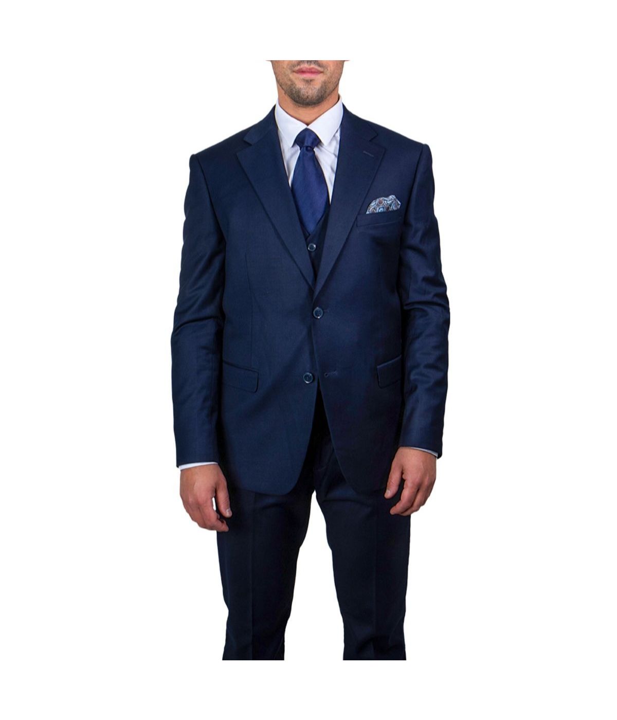  Mens Three Piece Solid Notch Lapel Suit With Matching Vest Navy Blue - Navy Blue - Bonton