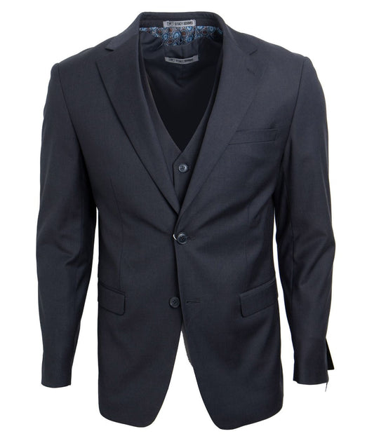 Mens Three Piece Solid Notch Lapel Suit With Matching Vest Charcoal