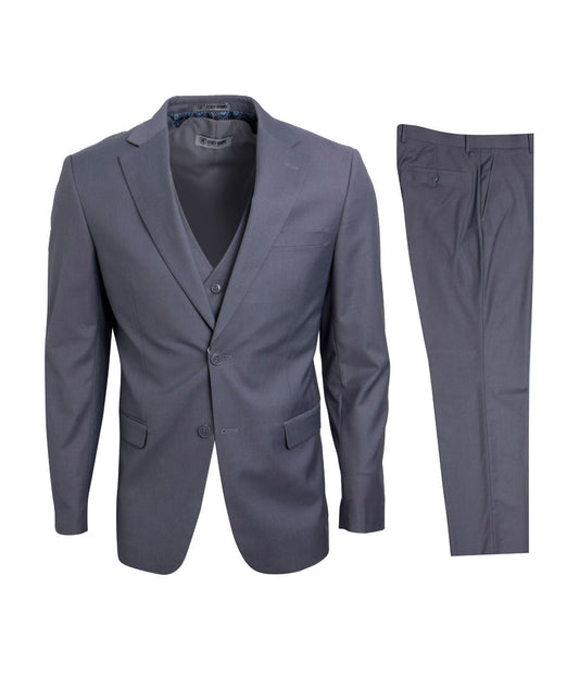 Mens Three Piece Solid Notch Lapel Suit With Matching Vest Grey