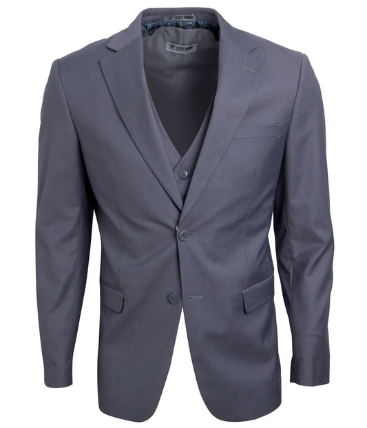 Mens Three Piece Solid Notch Lapel Suit With Matching Vest Grey