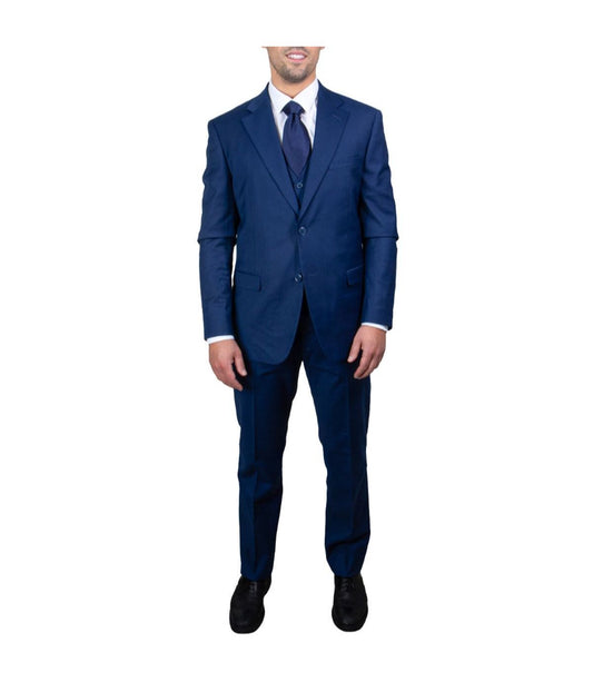 Mens Three Piece Solid Notch Lapel Suit With Matching Vest Indigo