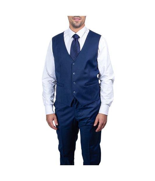 Mens Three Piece Solid Notch Lapel Suit With Matching Vest Indigo