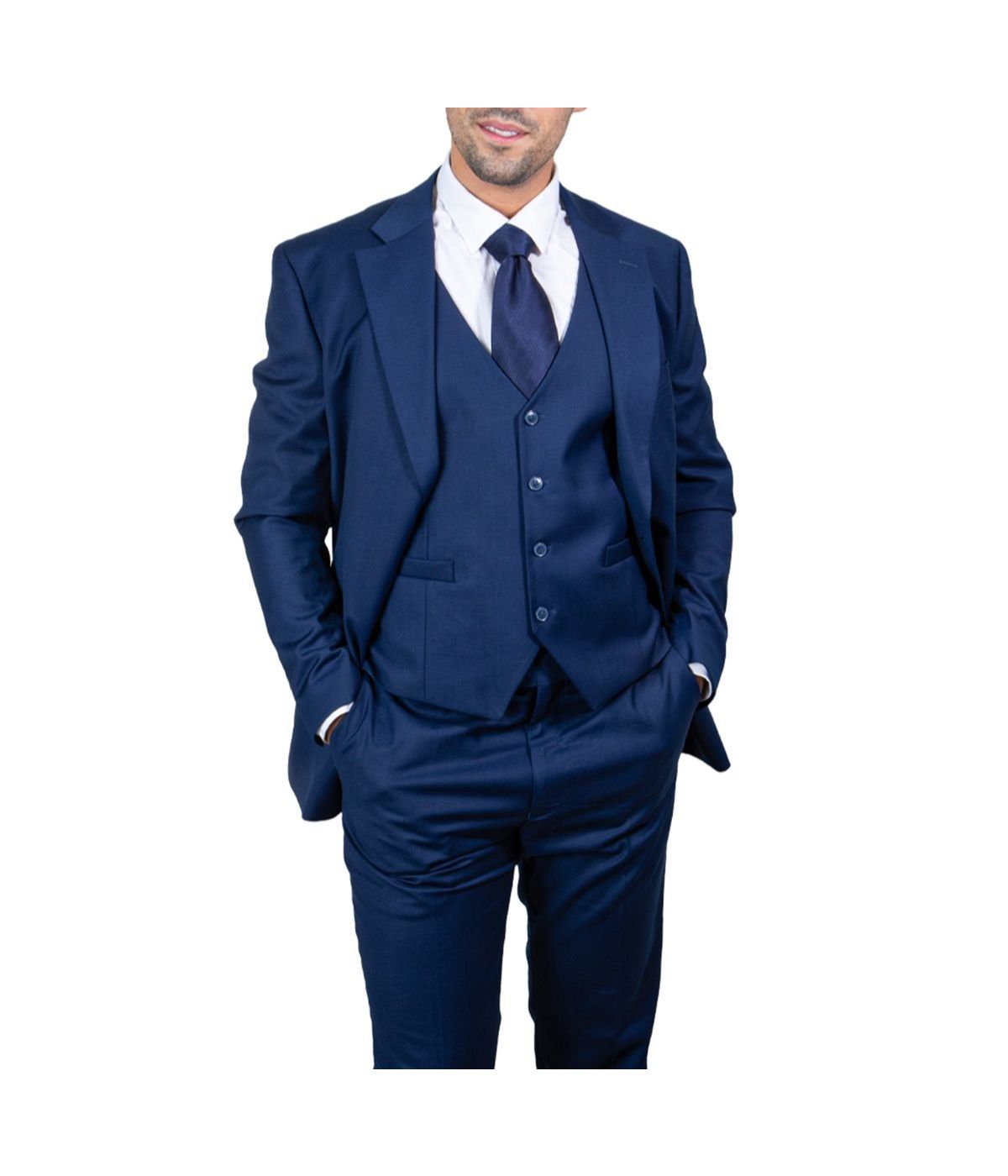  Mens Three Piece Solid Notch Lapel Suit With Matching Vest Indigo - Indigo - Bonton