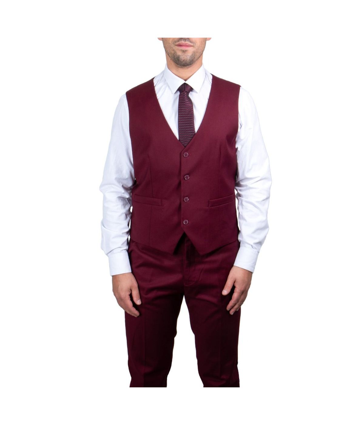  Mens Three Piece Solid Notch Lapel Suit With Matching Vest Burgundy - Burgundy - Bonton