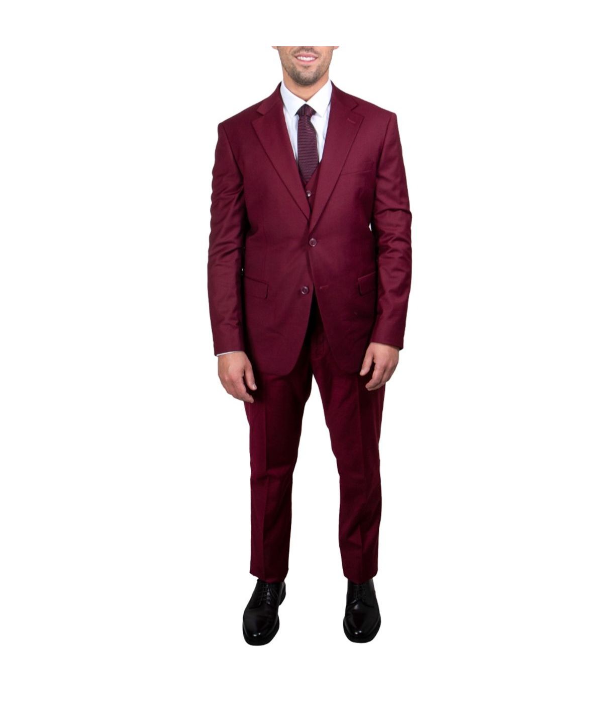  Mens Three Piece Solid Notch Lapel Suit With Matching Vest Burgundy - Burgundy - Bonton