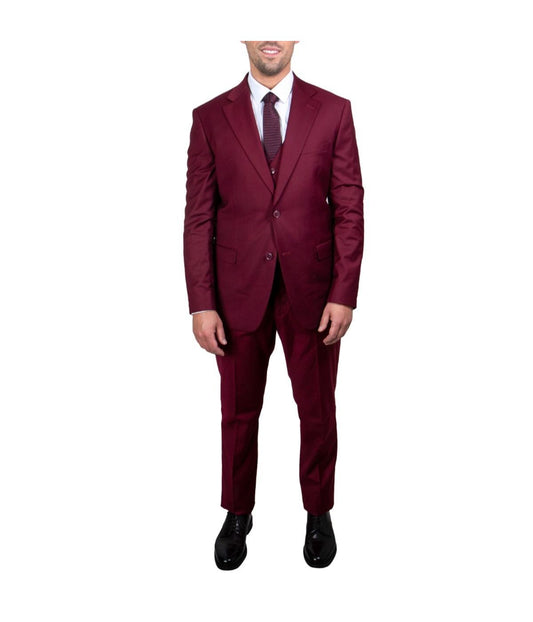 Mens Three Piece Solid Notch Lapel Suit With Matching Vest Burgundy