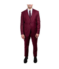 Mens Three Piece Solid Notch Lapel Suit With Matching Vest Burgundy