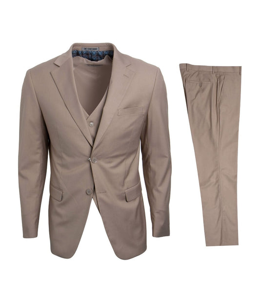 Mens Three Piece Solid Notch Lapel Suit With Matching Vest Mid Tan
