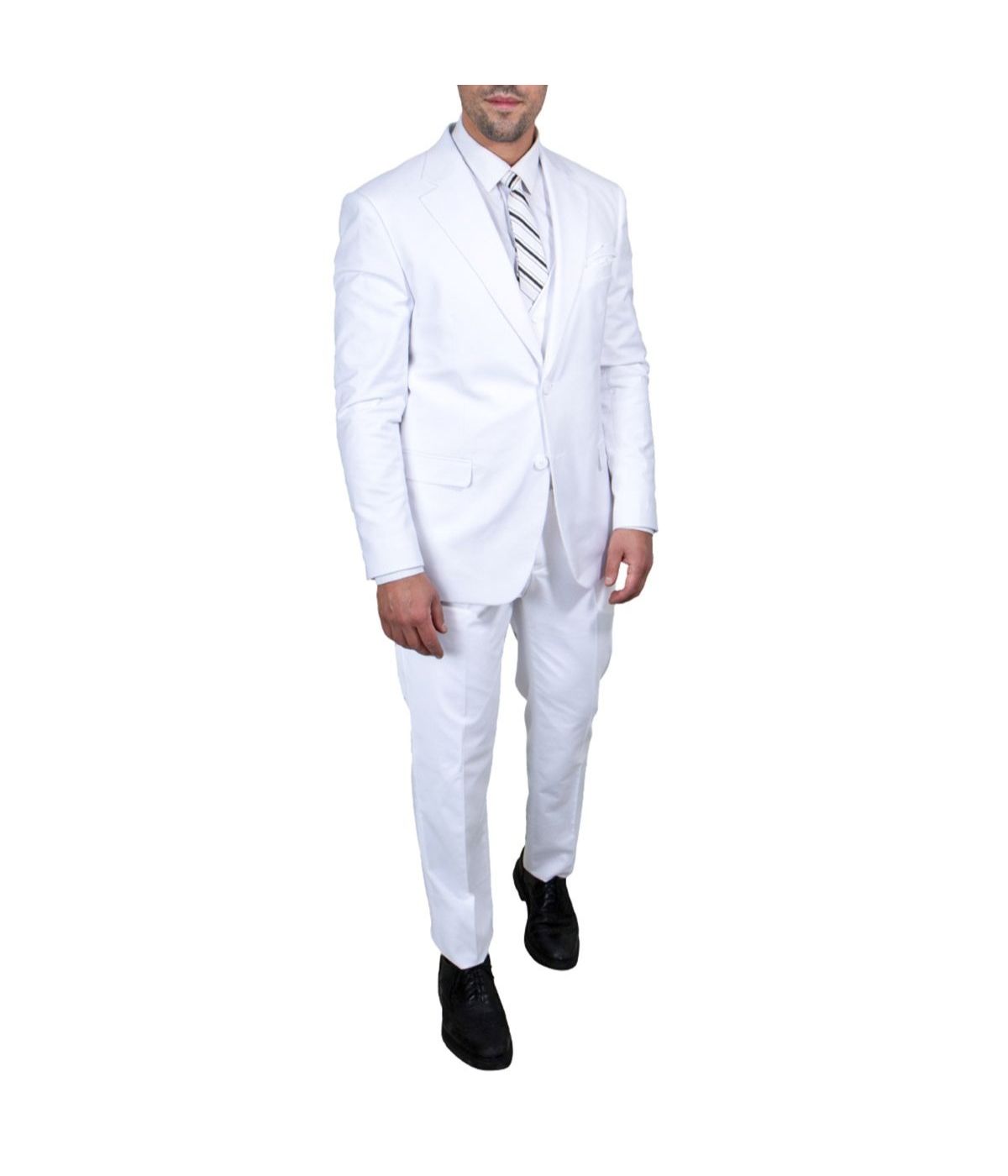  Mens Three Piece Solid Notch Lapel Suit With Matching Vest White - White - Bonton