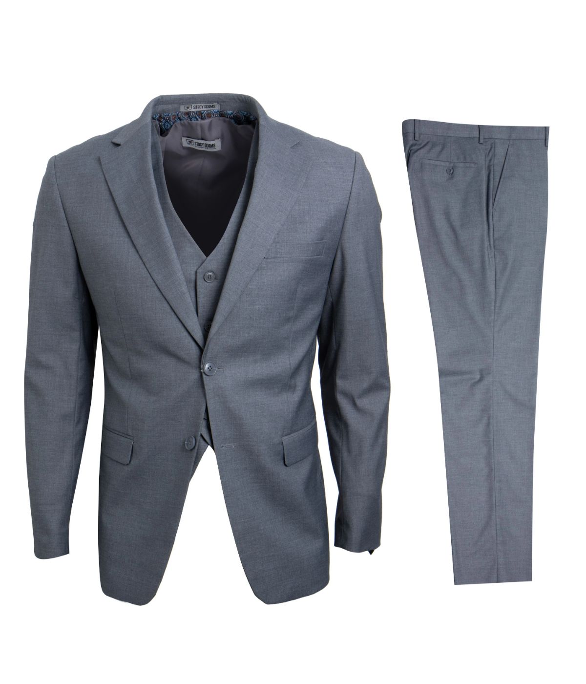  Mens Three Piece Solid Notch Lapel Suit With Matching Vest Mid Grey - Mid Grey - Bonton