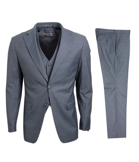 Mens Three Piece Solid Notch Lapel Suit With Matching Vest Mid Grey