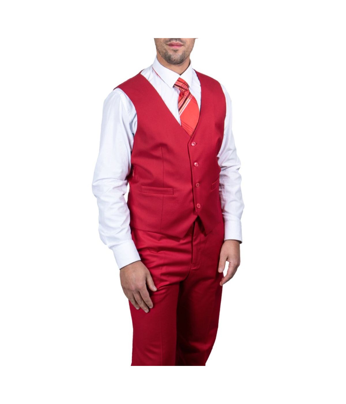  Mens Three Piece Solid Notch Lapel Suit With Matching Vest Red - Red - Bonton