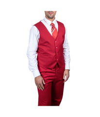 Mens Three Piece Solid Notch Lapel Suit With Matching Vest Red