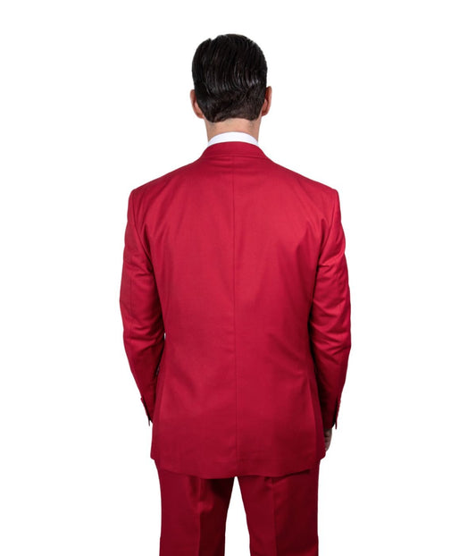 Mens Three Piece Solid Notch Lapel Suit With Matching Vest Red
